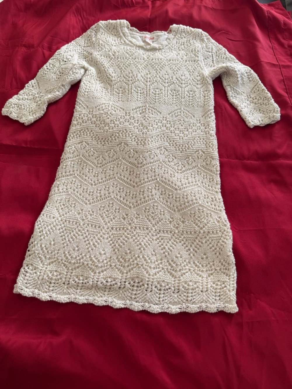 Cat & Jack Girls Shimmery Crochet Knit Sweater Dress Boho Ivory Cream 7/8